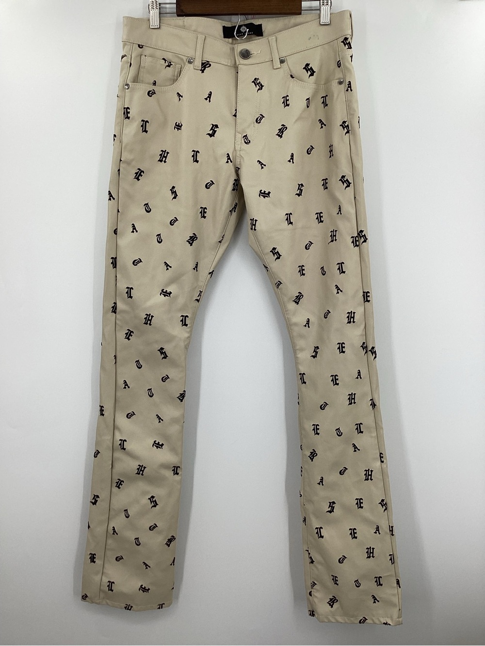 Men's Beige Focus Tan Heartless Leather Print Stacked Jean